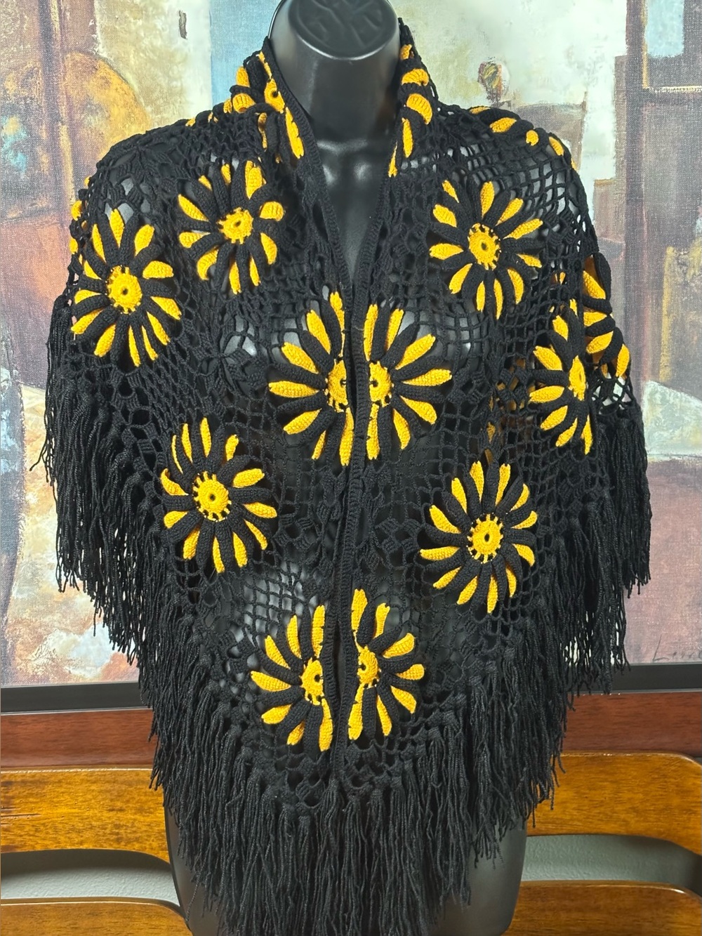Handmade Black Crochet Floral Fringe Shawl with Yellow Daisy Accents 55x45”